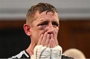 24 September 2022; Eric Donovan after his EBU European Union super-featherweight bout against Khalil El Hadri at the Europa Hotel in Belfast. Photo by Ramsey Cardy/Sportsfile