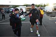 30 September 2022; Jonathan Sexton of Leinster signs an autograph for Ryan McLaughlin, age 12, from Ballymoney before the United Rugby Championship match between Ulster and Leinster at Kingspan Stadium in Belfast. Photo by David Fitzgerald/Sportsfile