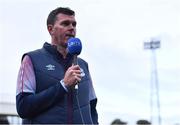 30 September 2022; Drogheda United manager Kevin Doherty is interviewed before the SSE Airtricity League Premier Division match between Dundalk and Drogheda United at Casey's Field in Dundalk, Louth. Photo by Ben McShane/Sportsfile