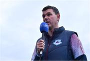 30 September 2022; Drogheda United manager Kevin Doherty is interviewed before the SSE Airtricity League Premier Division match between Dundalk and Drogheda United at Casey's Field in Dundalk, Louth. Photo by Ben McShane/Sportsfile