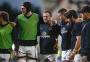 30 September 2022; Rob Herring of Ulster, centre, and team mates huddle before the United Rugby Championship match between Ulster and Leinster at Kingspan Stadium in Belfast. Photo by David Fitzgerald/Sportsfile