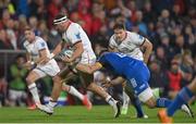 30 September 2022; Rob Herring of Ulster is tackled by Jack Conan of Leinster during the United Rugby Championship match between Ulster and Leinster at Kingspan Stadium in Belfast. Photo by Ramsey Cardy/Sportsfile