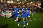 30 September 2022; Robbie Henshaw, left, and Ross Byrne of Leinster before the United Rugby Championship match between Ulster and Leinster at Kingspan Stadium in Belfast. Photo by Ramsey Cardy/Sportsfile