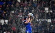 30 September 2022; Ryan Baird of Leinster wins possession in the lineout during the United Rugby Championship match between Ulster and Leinster at Kingspan Stadium in Belfast.  Photo by Ramsey Cardy/Sportsfile