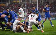 30 September 2022; Dan Sheehan of Leinster goes over to scores his side's second try despite the tackle of John Cooney of Ulster during the United Rugby Championship match between Ulster and Leinster at Kingspan Stadium in Belfast. Photo by David Fitzgerald/Sportsfile