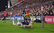 30 September 2022; Ryan Baird of Leinster scores his side's first try during the United Rugby Championship match between Ulster and Leinster at Kingspan Stadium in Belfast. Photo by David Fitzgerald/Sportsfile