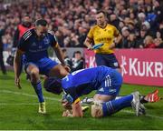 30 September 2022; Dave Kearney, left, celebrates after teammate Ryan Baird of Leinster scores their side's first try during the United Rugby Championship match between Ulster and Leinster at Kingspan Stadium in Belfast. Photo by David Fitzgerald/Sportsfile