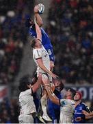 30 September 2022; Ryan Baird of Leinster wins a lineout from Kieran Treadwell of Ulster during the United Rugby Championship match between Ulster and Leinster at Kingspan Stadium in Belfast. Photo by David Fitzgerald/Sportsfile