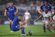 30 September 2022; Luke McGrath of Leinster spills the ball in the poor conditions during the United Rugby Championship match between Ulster and Leinster at Kingspan Stadium in Belfast. Photo by David Fitzgerald/Sportsfile