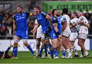 30 September 2022; Leinsteer players Jason Jenkins, Ross Molony and Andrew Porter celebrate a turnover in a scrum during the United Rugby Championship match between Ulster and Leinster at Kingspan Stadium in Belfast. Photo by David Fitzgerald/Sportsfile