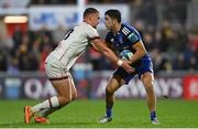 30 September 2022; Jimmy O'Brien of Leinster is tackled by Ben Moxham of Ulster during the United Rugby Championship match between Ulster and Leinster at Kingspan Stadium in Belfast. Photo by Ramsey Cardy/Sportsfile