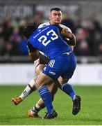 30 September 2022; Ben Moxham of Ulster is tackled by Charlie Ngatai of Leinster during the United Rugby Championship match between Ulster and Leinster at Kingspan Stadium in Belfast. Photo by David Fitzgerald/Sportsfile