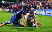 30 September 2022; Charlie Ngatai of Leinster knocks the ball from the grasp of Aaron Sexton of Ulster to prevent a try during the United Rugby Championship match between Ulster and Leinster at Kingspan Stadium in Belfast. Photo by David Fitzgerald/Sportsfile