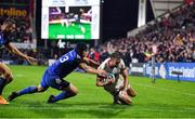 30 September 2022; Charlie Ngatai of Leinster knocks the ball from the grasp of Aaron Sexton of Ulster to prevent a try during the United Rugby Championship match between Ulster and Leinster at Kingspan Stadium in Belfast. Photo by David Fitzgerald/Sportsfile