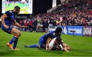 30 September 2022; Charlie Ngatai of Leinster knocks the ball from the grasp of Aaron Sexton of Ulster to prevent a try during the United Rugby Championship match between Ulster and Leinster at Kingspan Stadium in Belfast. Photo by David Fitzgerald/Sportsfile