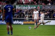 30 September 2022; John Cooney of Ulster kicks a penalty during the United Rugby Championship match between Ulster and Leinster at Kingspan Stadium in Belfast. Photo by David Fitzgerald/Sportsfile