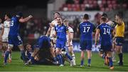 30 September 2022; Nick McCarthy of Leinster celebrates at the final whistle of the United Rugby Championship match between Ulster and Leinster at Kingspan Stadium in Belfast. Photo by David Fitzgerald/Sportsfile