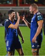 30 September 2022; Jimmy O'Brien, left, and Ross Molony of Leinster celebrate after the United Rugby Championship match between Ulster and Leinster at Kingspan Stadium in Belfast. Photo by David Fitzgerald/Sportsfile