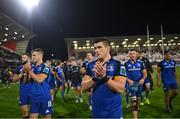 30 September 2022; Dan Sheehan of Leinster and teammates applaud supporters after the United Rugby Championship match between Ulster and Leinster at Kingspan Stadium in Belfast. Photo by Ramsey Cardy/Sportsfile