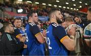 30 September 2022; Robbie Henshaw, right and James Ryan of Leinster applaud the Ulster team after the United Rugby Championship match between Ulster and Leinster at Kingspan Stadium in Belfast. Photo by Ramsey Cardy/Sportsfile