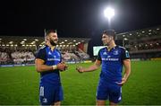 30 September 2022; Robbie Henshaw, left, and Jimmy O'Brien of Leinster after the United Rugby Championship match between Ulster and Leinster at Kingspan Stadium in Belfast. Photo by Ramsey Cardy/Sportsfile
