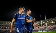 30 September 2022; Josh van der Flier, left, and Will Connors of Leinster after the United Rugby Championship match between Ulster and Leinster at Kingspan Stadium in Belfast. Photo by Ramsey Cardy/Sportsfile