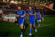 30 September 2022; Robbie Henshaw, left, and Ross Byrne of Leinster before the United Rugby Championship match between Ulster and Leinster at Kingspan Stadium in Belfast. Photo by Ramsey Cardy/Sportsfile