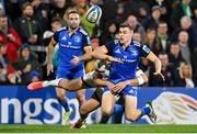 30 September 2022; Garry Ringrose of Leinster is tackled by Aaron Sexton of Ulster during the United Rugby Championship match between Ulster and Leinster at Kingspan Stadium in Belfast. Photo by Ramsey Cardy/Sportsfile