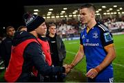 30 September 2022; Jonathan Sexton of Leinster shakes hands with Jordi Murphy of Ulster after the United Rugby Championship match between Ulster and Leinster at Kingspan Stadium in Belfast. Photo by Ramsey Cardy/Sportsfile