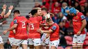 1 October 2022; Munster players celebrate their side's first try, scored by Niall Scannell, 2, during the United Rugby Championship match between Munster and Zebre Parma at Musgrave Park in Cork. Photo by Piaras Ó Mídheach/Sportsfile