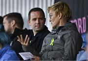 1 October 2022; Republic of Ireland manager Vera Pauw in conversation with League of Ireland director Mark Scanlon during the SSE Airtricity Women's National League match between Athlone Town and Wexford Youths at Athlone Town Stadium in Westmeath. Photo by Sam Barnes/Sportsfile