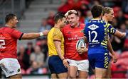 1 October 2022; Niall Scannell of Munster, centre, celebrates after scoring his side's third try during the United Rugby Championship match between Munster and Zebre Parma at Musgrave Park in Cork. Photo by Piaras Ó Mídheach/Sportsfile