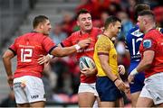 1 October 2022; Niall Scannell of Munster, centre, celebrates after scoring his side's third try during the United Rugby Championship match between Munster and Zebre Parma at Musgrave Park in Cork. Photo by Piaras Ó Mídheach/Sportsfile