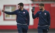 1 October 2022; Greg Bolger, right, and Aidan Keena of Sligo Rovers arrive before the SSE Airtricity League Premier Division match between Sligo Rovers and Shamrock Rovers at The Showgrounds in Sligo. Photo by Seb Daly/Sportsfile