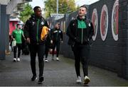 1 October 2022; Aidomo Emakhu, left, and Andy Lyons of Shamrock Rovers arrive before the SSE Airtricity League Premier Division match between Sligo Rovers and Shamrock Rovers at The Showgrounds in Sligo. Photo by Seb Daly/Sportsfile