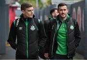 1 October 2022; Aaron Greene, right, and Sean Gannon of Shamrock Rovers arrive before the SSE Airtricity League Premier Division match between Sligo Rovers and Shamrock Rovers at The Showgrounds in Sligo. Photo by Seb Daly/Sportsfile