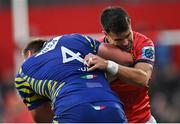 1 October 2022; Conor Murray of Munster tackles Gabriele Venditti of Zebre Parma during the United Rugby Championship match between Munster and Zebre Parma at Musgrave Park in Cork. Photo by Piaras Ó Mídheach/Sportsfile