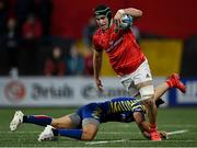 1 October 2022; Ruadhan Quinn of Munster in action against Alessandro Fusco of Zebre Parma during the United Rugby Championship match between Munster and Zebre Parma at Musgrave Park in Cork. Photo by Piaras Ó Mídheach/Sportsfile