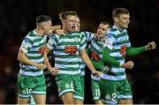 1 October 2022; Daniel Cleary of Shamrock Rovers, second from left, celebrates with teammates Gary O'Neill, left, Lee Grace, behind, and Sean Kavanagh after scoring their side's first goal during the SSE Airtricity League Premier Division match between Sligo Rovers and Shamrock Rovers at The Showgrounds in Sligo. Photo by Seb Daly/Sportsfile