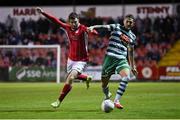 1 October 2022; Lee Grace of Shamrock Rovers in action against Aidan Keena of Sligo Rovers during the SSE Airtricity League Premier Division match between Sligo Rovers and Shamrock Rovers at The Showgrounds in Sligo. Photo by Seb Daly/Sportsfile