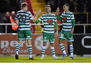 1 October 2022; Dylan Watts of Shamrock Rovers, centre, celebrates with teammates Rory Gaffney, left, and Graham Burke after scoring their side's second goal during the SSE Airtricity League Premier Division match between Sligo Rovers and Shamrock Rovers at The Showgrounds in Sligo. Photo by Seb Daly/Sportsfile