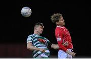 1 October 2022; Will Fitzgerald of Sligo Rovers in action against Ronan Finn of Shamrock Rovers during the SSE Airtricity League Premier Division match between Sligo Rovers and Shamrock Rovers at The Showgrounds in Sligo. Photo by Seb Daly/Sportsfile