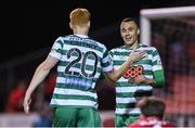 1 October 2022; Graham Burke of Shamrock Rovers, right, celebrates with teammate Rory Gaffney after scoring their side's third goal during the SSE Airtricity League Premier Division match between Sligo Rovers and Shamrock Rovers at The Showgrounds in Sligo. Photo by Seb Daly/Sportsfile