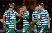 1 October 2022; Graham Burke of Shamrock Rovers, centre, celebrates with teammates after scoring their side's third goal during the SSE Airtricity League Premier Division match between Sligo Rovers and Shamrock Rovers at The Showgrounds in Sligo. Photo by Seb Daly/Sportsfile