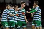 1 October 2022; Daniel Cleary of Shamrock Rovers, centre, celebrates with teammate Sean Gannon, right, after scoring their side's first goal during the SSE Airtricity League Premier Division match between Sligo Rovers and Shamrock Rovers at The Showgrounds in Sligo. Photo by Seb Daly/Sportsfile