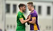 2 October 2022; Aaron Shorten of Thomas Davis tussles with Shane Cunningham of Kilmacud Crokes during the Dublin County Senior Club Football Championship Semi-Final match between Thomas Davis and Kilmacud Crokes at Parnell Park in Dublin. Photo by Eóin Noonan/Sportsfile