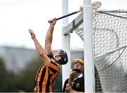 2 October 2022; Camross defender Andrew Collier watches the ball come back off the post and into play during the Laois County Senior Hurling Championship Final match between Clough/Ballacolla and Camross at MW Hire O'Moore Park in Portlaoise, Laois. Photo by Piaras Ó Mídheach/Sportsfile