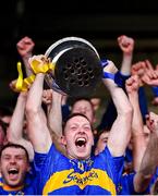 2 October 2022; Clough/Ballacolla captain Stephen Maher lifts the cup after his side's victory in the Laois County Senior Hurling Championship Final match between Clough/Ballacolla and Camross at MW Hire O'Moore Park in Portlaoise, Laois. Photo by Piaras Ó Mídheach/Sportsfile