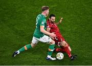 27 September 2022; Nathan Collins of Republic of Ireland is tackled by Andre Calisir of Armenia during UEFA Nations League B Group 1 match between Republic of Ireland and Armenia at Aviva Stadium in Dublin. Photo by Sam Barnes/Sportsfile