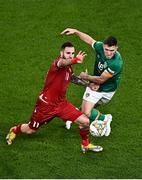 27 September 2022; Tigran Barseghyan of Armenia in action against Dara O'Shea of Republic of Ireland during UEFA Nations League B Group 1 match between Republic of Ireland and Armenia at Aviva Stadium in Dublin. Photo by Sam Barnes/Sportsfile